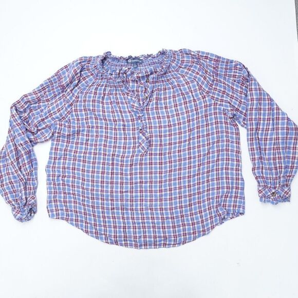 Democracy Blouse Top Women Large Multicolor Plaid Rayon Smock Sleeve Ruffle Neck - Picture 1 of 8